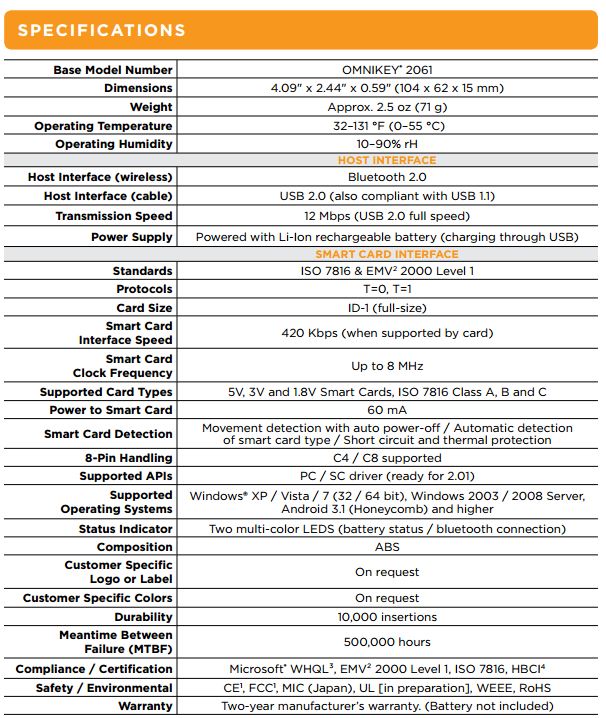 Omnikey 2061 specificates